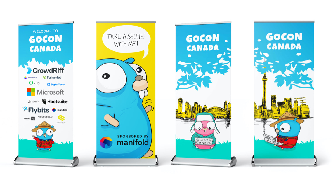 gocon Canada roll up banners with giant gopher and mountie gopher