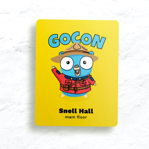 Venue sign with mountie gopher waiving his hand in excitement