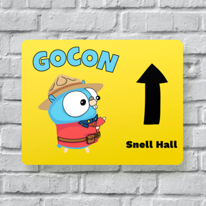 Venue sign with mountie gopher showing the direction to snell hall