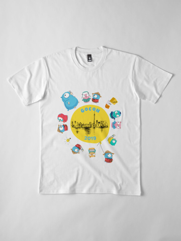 gocon team membert-shirt design with all Gopher characters.