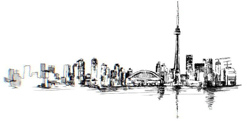 Black and white ink illustration of Toronto skyline as viewed from Toronto island.